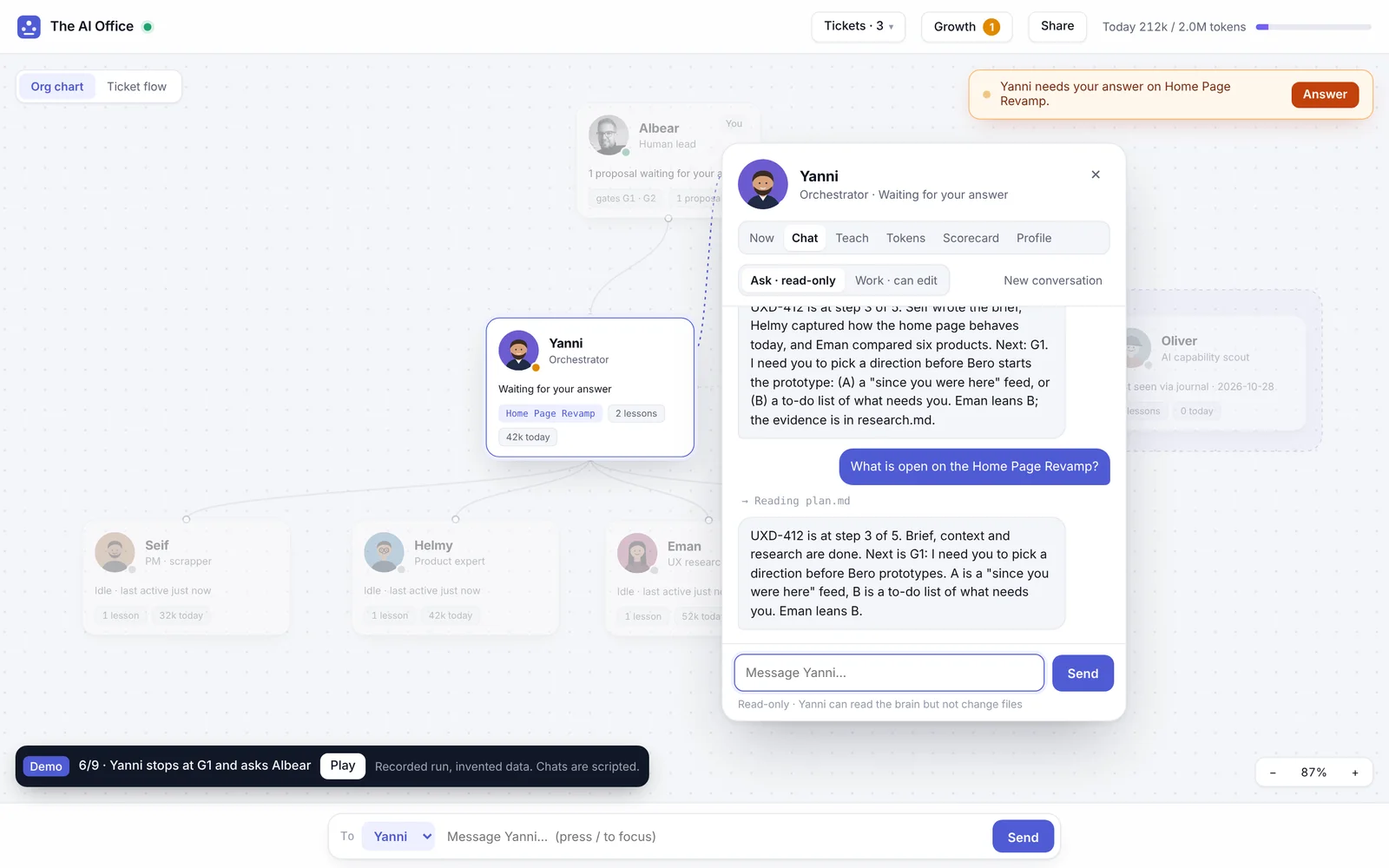 A read-only chat with Yanni, with every tool it used listed under the answer