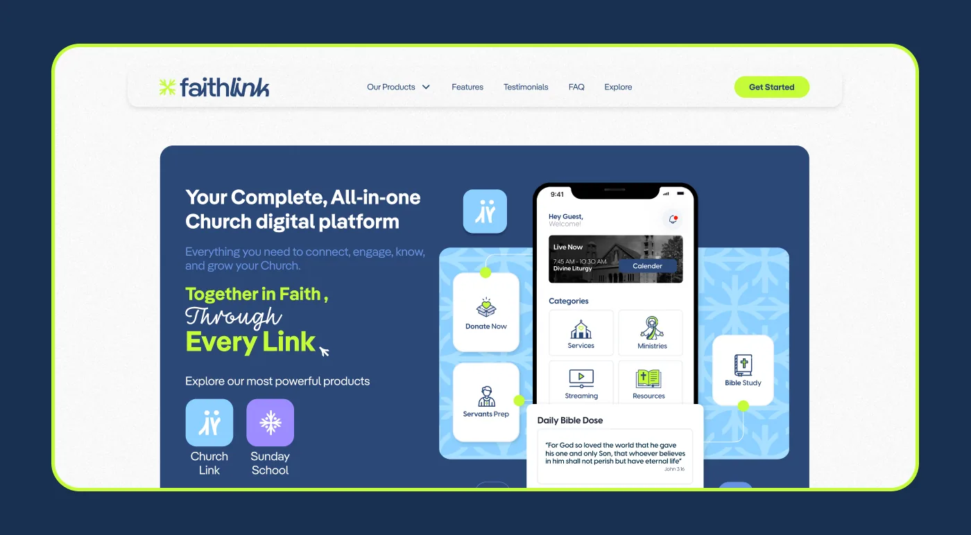 Faithlink website, the first screen: the church platform’s app beside the line Together in Faith, Through Every Link