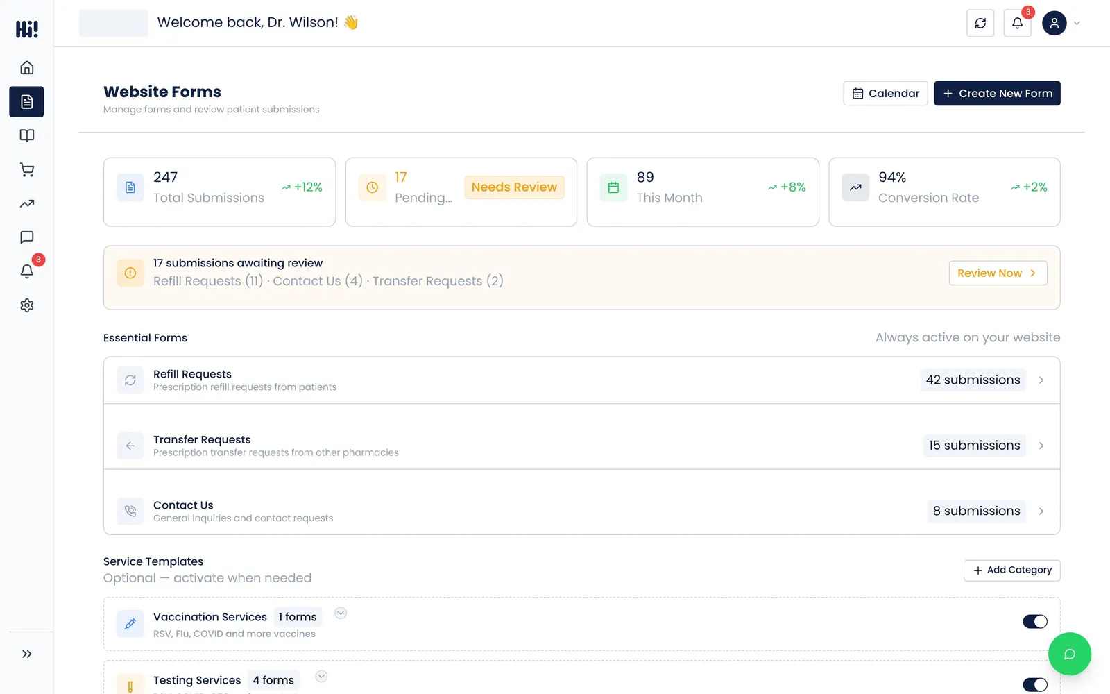 HiPharmacist dashboard, Website Forms
