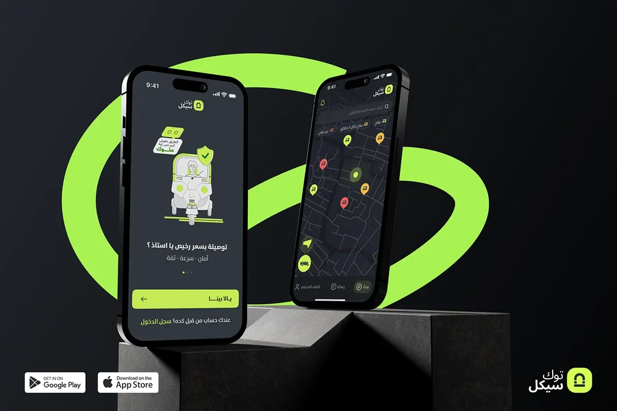 Tukcycle app: the onboarding screen and the live map of nearby tuk-tuks, on two phones