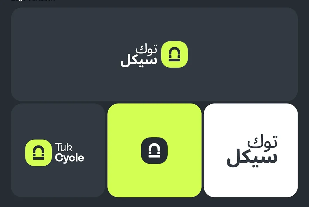 Tukcycle logo variations: the Arabic lockup, the English lockup, the app icon and the wordmark
