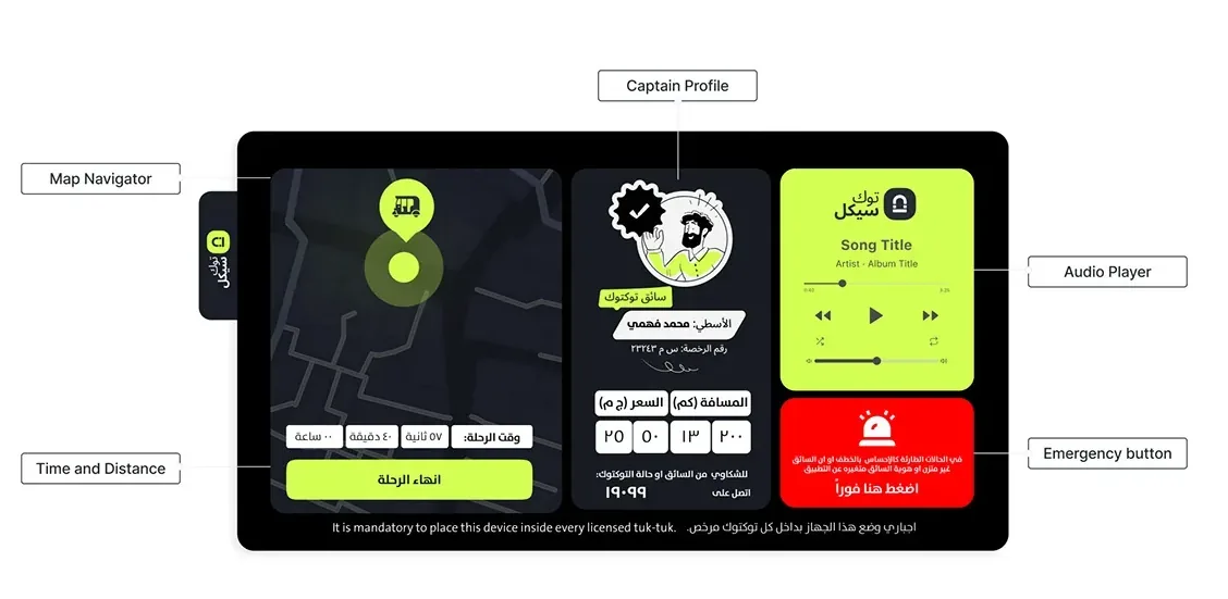 Tukcycle smart control device: map and trip time, captain profile with distance and fare, audio player and a red emergency button
